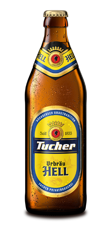 A chilled beer bottle with condensation stands upright. The label features a traditional design.