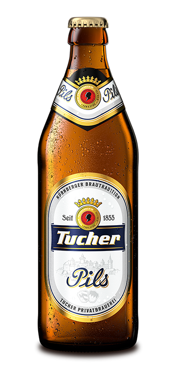 A bottle of beer with droplets stands against a simple background. It has a label with a historic design.