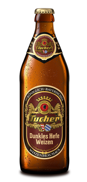 A dark beer bottle with golden labels and droplets on it stands upright.