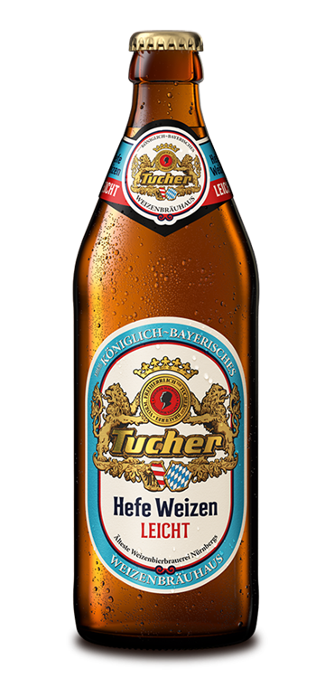 A brown bottle of beer with labels stands upright. It shows traditional Bavarian ornaments.