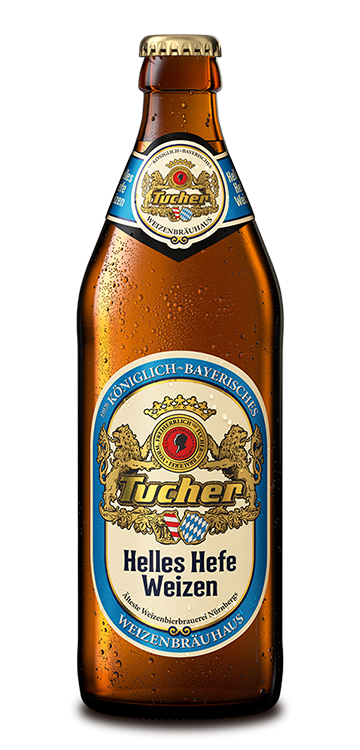 A brown beer bottle with label and crown cap is shown, with condensation visible.
