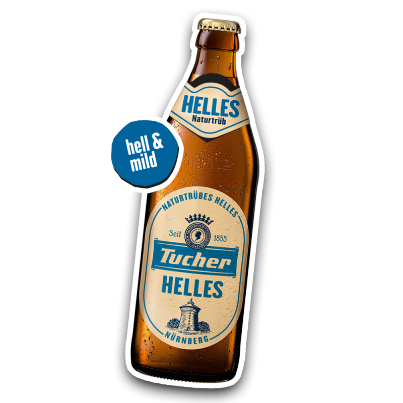 A sealed beer bottle with a label and droplets of moisture is shown. It bears a logo that alludes to a long tradition.