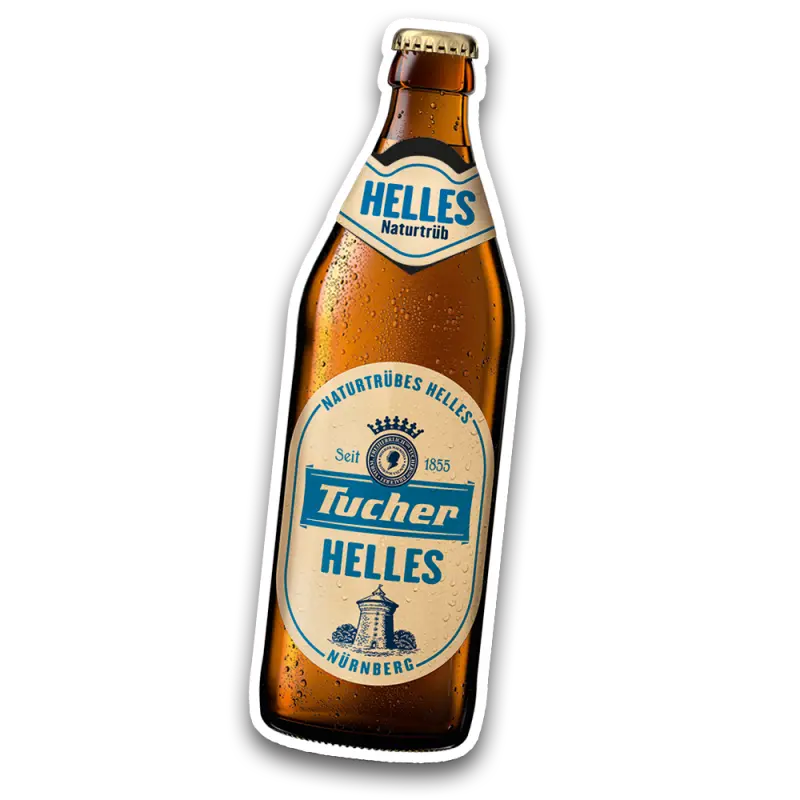 A sealed beer bottle with a label and droplets of moisture is shown. It bears a logo that alludes to a long tradition.