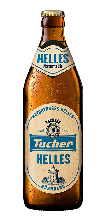 A brown beer bottle with a blue‑white label stands on a white background. It bears condensed water droplets.