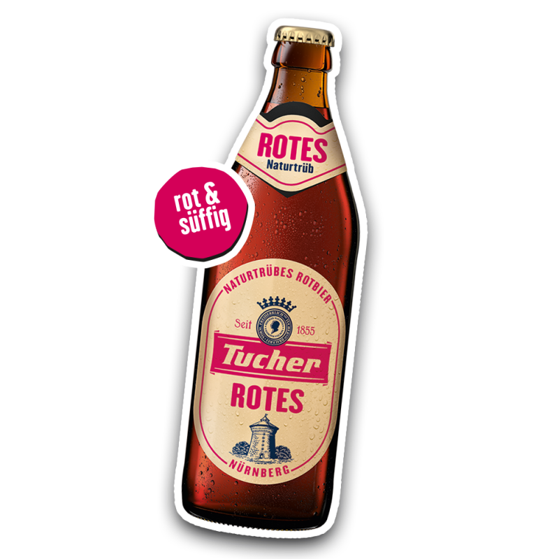 Beer bottle with a rosy‑red label and a printed tower, labelled with the brewery name and year.