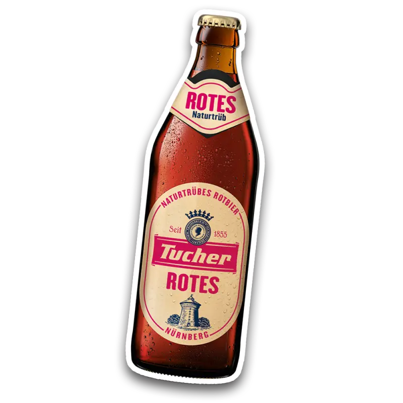Beer bottle with a rosy‑red label and a printed tower, labelled with the brewery name and year.