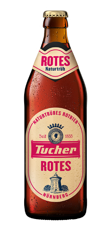 A condensed bottle of a red beer stands against a neutral background.