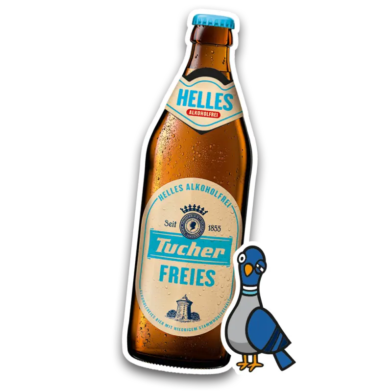 Illustration of a Tucher Freies beer bottle with a sticker that reads “Helles alkoholfrei.” Next to it is a drawn dove.