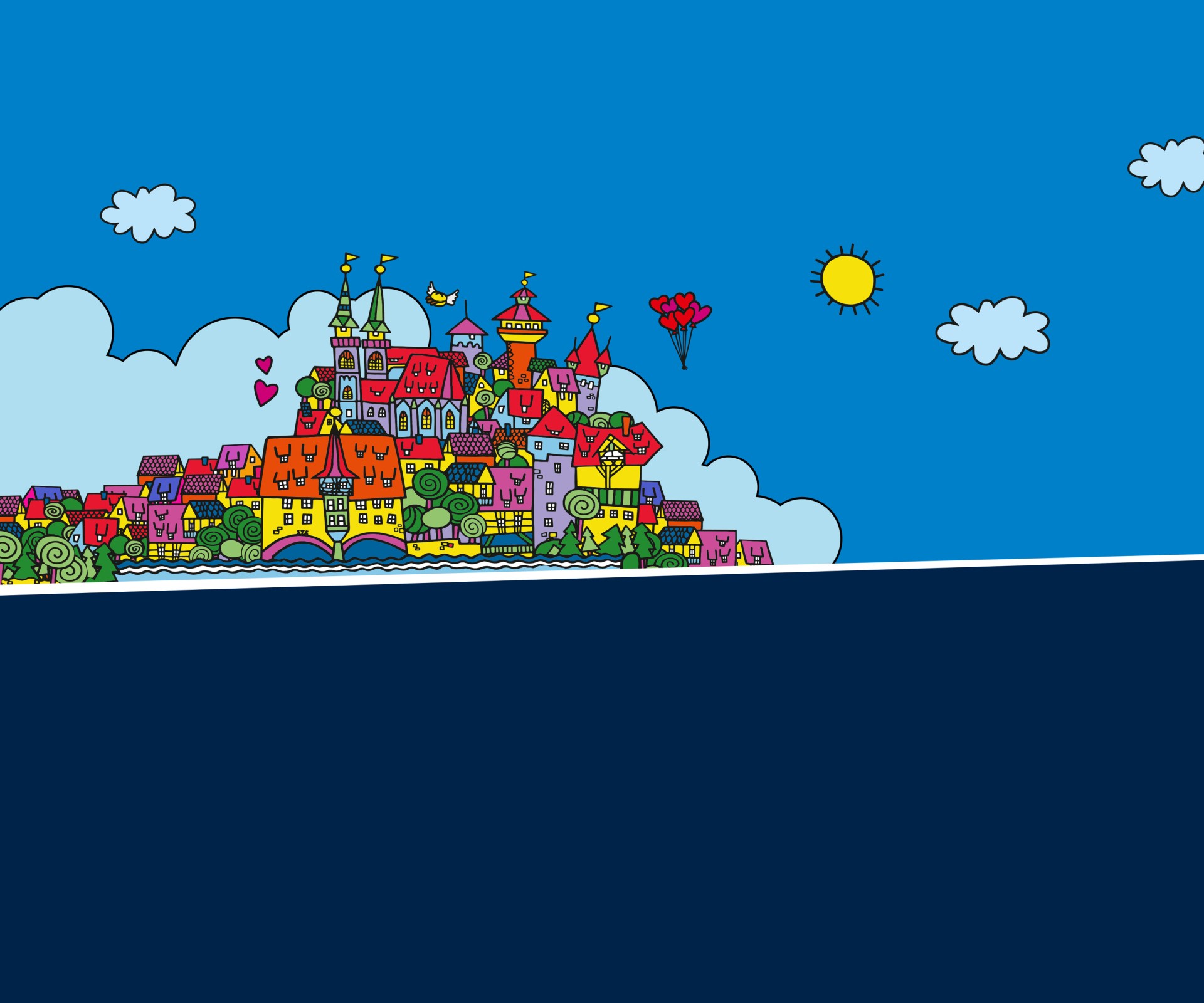 A colourful, cartoon-like city with a variety of buildings under a sunny sky.