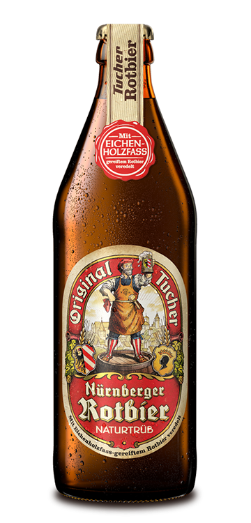 A brown glass bottle with a beer label, historic figure at the centre, surrounded by text.