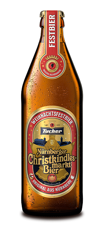 Brown beer bottle with a label that shows a festive Christmas atmosphere with a city view.