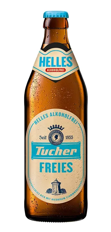 A glass bottle of Tucher Freies non-alcoholic beer. Water droplets on the bottle; the label features light blue lettering.