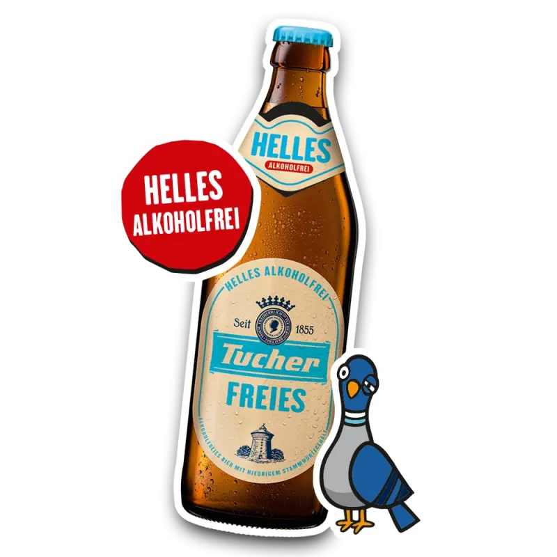 Illustration of a Tucher Freies beer bottle with a sticker that reads “Helles alkoholfrei.” Next to it is a drawn dove.