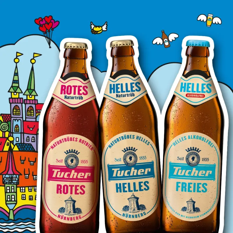 Three Tucher beer bottles in a close-up against a drawn city skyline.