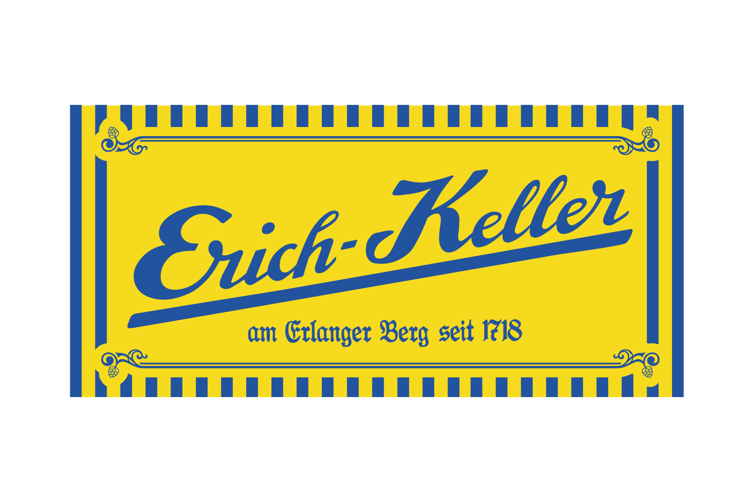 Yellow sign with blue lettering bearing a name, a place and a year.