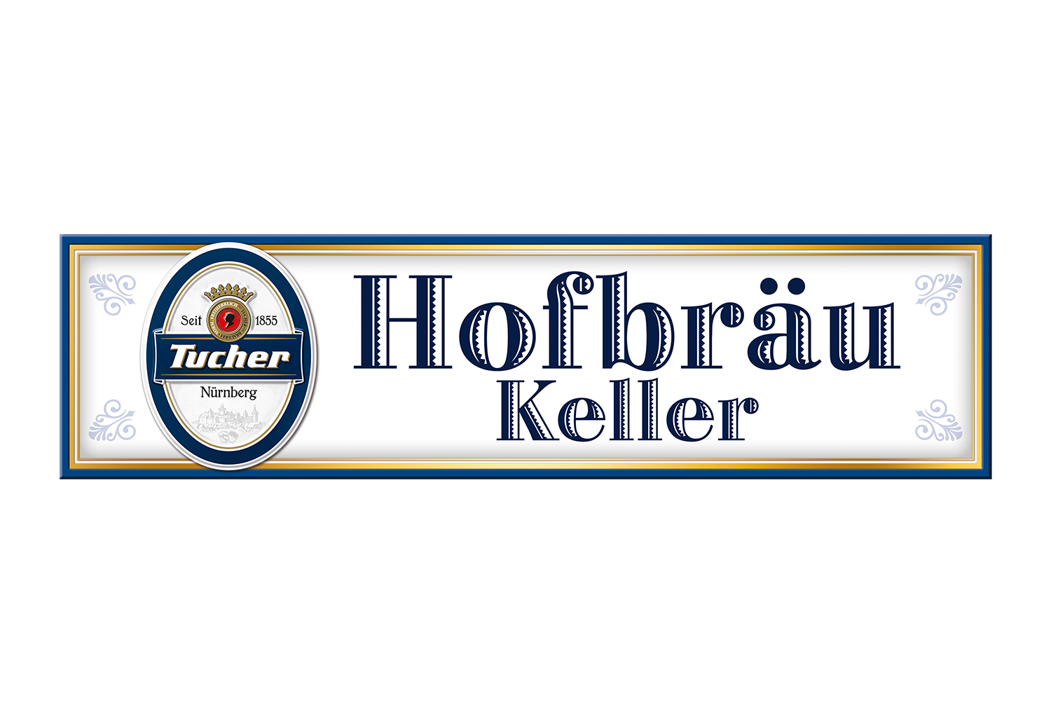 Rectangular sign with blue and gold embellishments including large text in the centre.