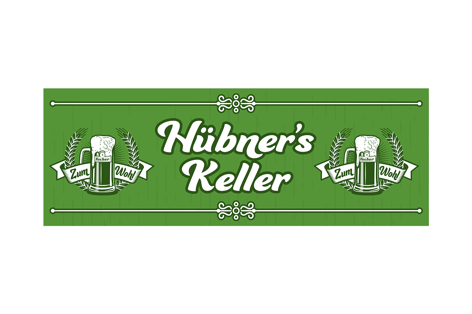 Green shield with white lettering and two beer mugs, surrounded by wheat ears.