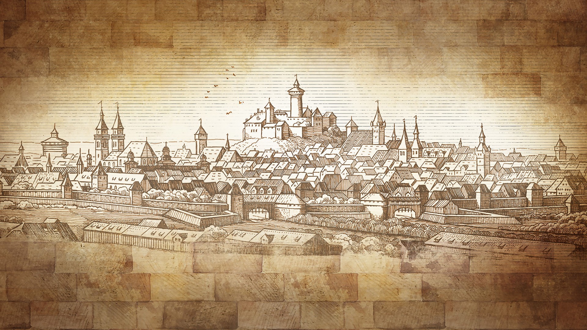 The illustration shows a detailed medieval city with many buildings and towers.