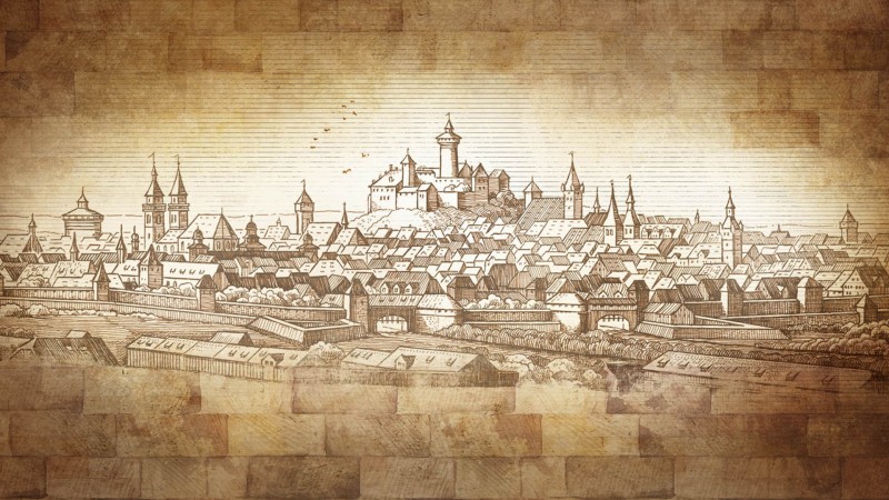 Illustration of a medieval city with detailed buildings and towers on aged paper.
